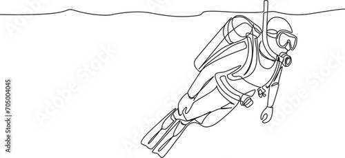 continuous single line drawing of scuba diver, line art vector illustration