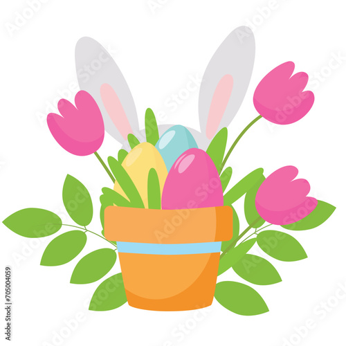 A flower pot with Easter eggs inside. Rabbit ears and tulips stick out near the pot. Illustration of holiday decor in cartoon style isolated on white background.