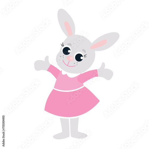 Easter bunny girl in a pink dress. Festive illustration of happy character in cartoon style isolated on white background.