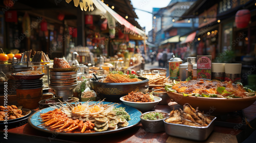 Street Food: A vibrant scene of a street food market with diverse stalls offering international delicacies.