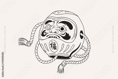 Traditional Japanese Daruma doll with the inscription "fortune". Linear vector illustration on a light background.