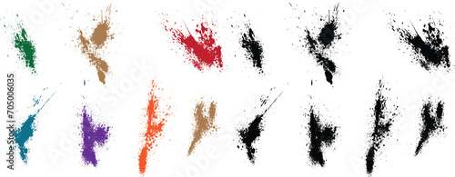 Set of vector blood splatter grunge wheat, orange, red, black, green, purple color paint brush stroke background