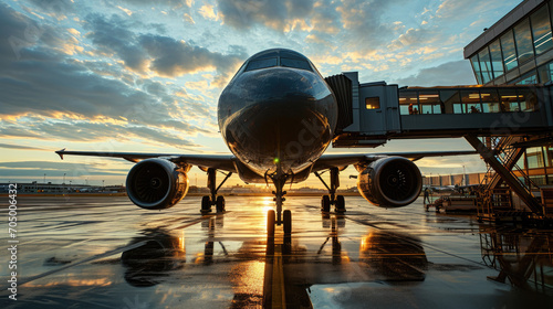 Large passenger airplane parked at the gate with the sun shining in the background 