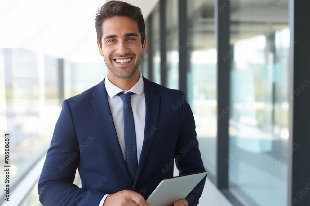 Confident Young Businessman with Tablet in Office Building
