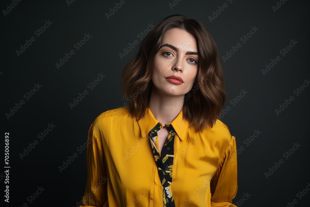 Portrait of a beautiful young woman in a yellow shirt on a dark background
