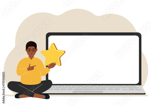 Online feedback, customer experience, user satisfaction concept. Man giving star rating online using laptop. Positive feedback, business survey.