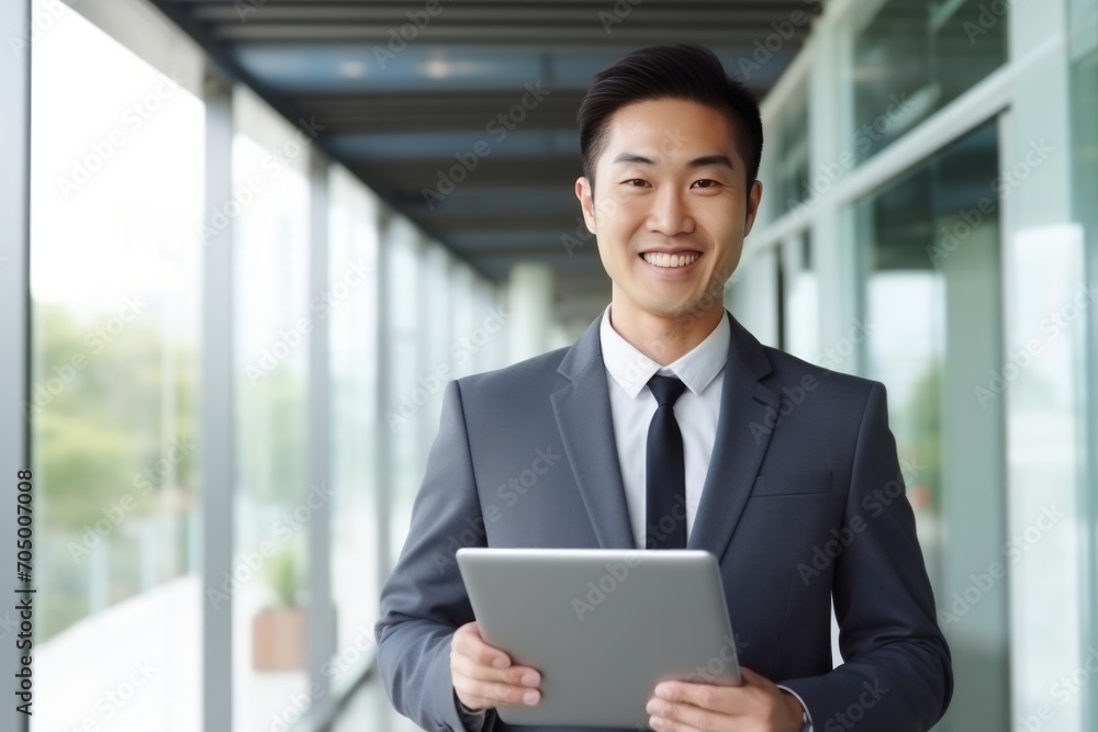 Smiling Asian Businessman with Tablet in Office Corridor Smiling Asian Businessman with Tablet in Office Corridor
