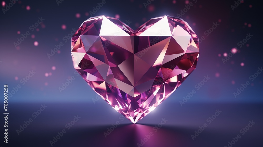 Geometric Fantasy Valentines Day. Crystal Heart. Abstract 3D Pink Background with Bokeh, Copy Space. Banner
