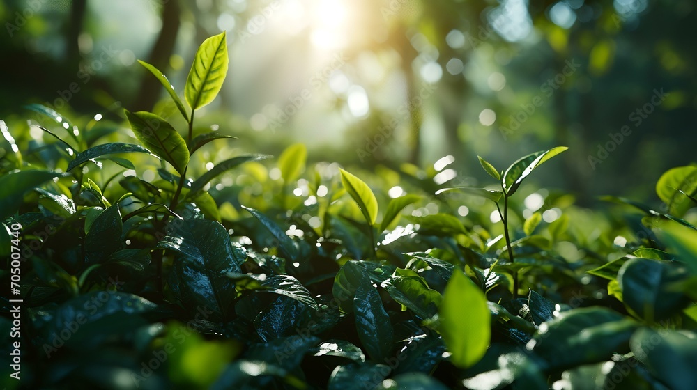 Fototapeta premium Green tea leaves on a light background, closeup. Space for text