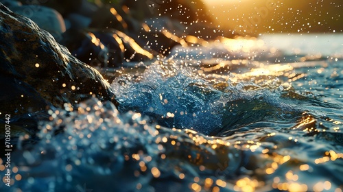 Splashes of water in the sea at sunset. Shallow depth of field.