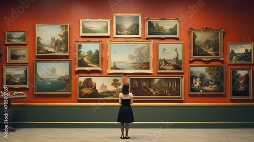 Woman visiting art gallery, looking pictures on wall at artwork museum, 16:9 photo