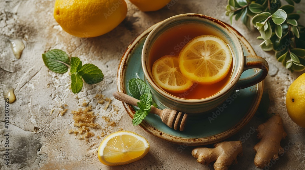 Cup of ginger tea with lemon and honey on a light background Cup of ginger tea with lemon and honey on a light background