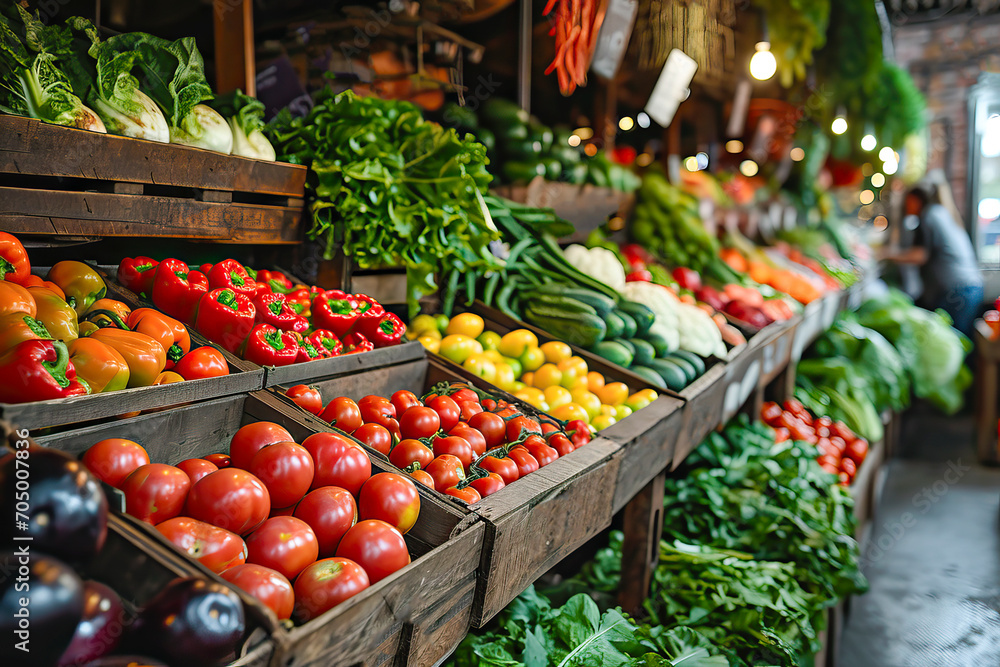 Various types of fresh vegetables on the counter of the farmer's market. The concept of healthy food and environmentally friendly products