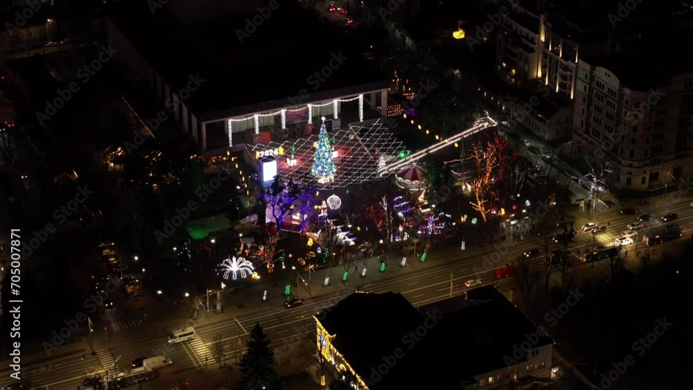 Aerial drone view of city center with Christmas decorations. Chisinau, Moldova Aerial drone view of city center with Christmas decorations. Chisinau, Moldova