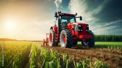 A big red tractor is working the field