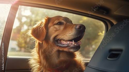 Happy dog looking out of a car window and enjoying the sunny weather, 16:9