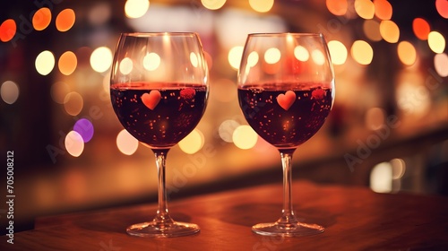 Geometric Wine Art. Abstract Valentines Day Glasses on Red Bokeh Background with Copy Space. banner photo