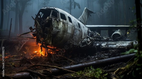 A large plane after a crash burning in a fire