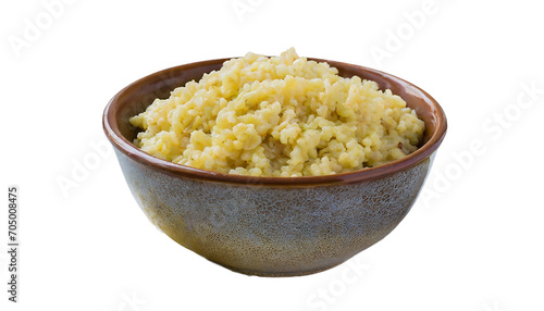 Bulgur porridge in a bowl isolated on a transparent background.