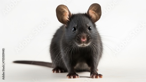 A black mouse sitting on a white surface. Laboratory animal, testing model for research. photo