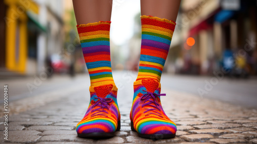 Rainbow colored socks and shoes on cobblestone street.Generative AI. photo
