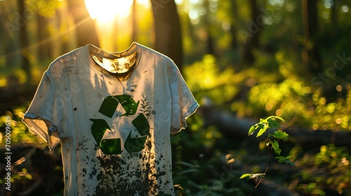 Eco-friendly apparel marked with a recycle symbol, promoting sustainable textiles and encouraging consumers to reject fast fashion for environmental conservation. photo