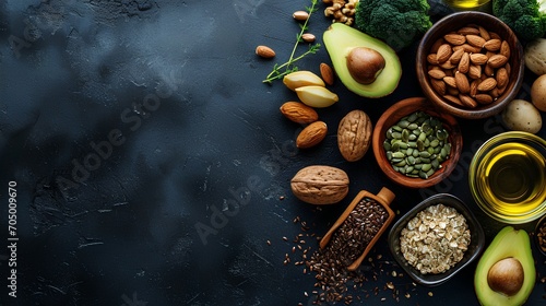 Assorted healthy fats food selection with avocado, nuts, seeds, and olive oil, with blank space for adding text or design.