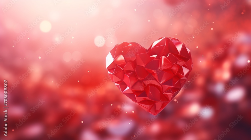 Geometric Fantasy Heart Abstract 3D Render for Valentin Day on Red Bokeh Background