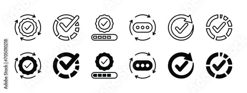 Progress thin line icon set. Progress for loading bar, update system, and success symbol. Completed progress bar icons. Vector illustration