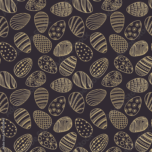 Hand drawn seamless pattern with many golden lined easter eggs with different dots, waves, lines.Easter party ornament background on grey violet
