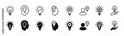 Idea icon set. Creative, solution, Innovation, thinking, and strategy icons. Idea lamp bulb symbol. Vector illustration