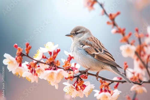 A bird gracefully perched on a flowering acacia branch © Artemiy
