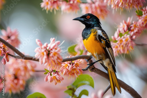 A bird as a guardian on a blossoming acacia branch