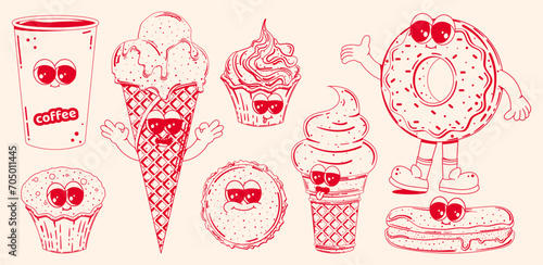 Set of Posters with trendy retro cartoon characters of sweet fast food in linear style without shading. Modern cartoon style. Mascots for bar, restaurant menu. Vector illustration.