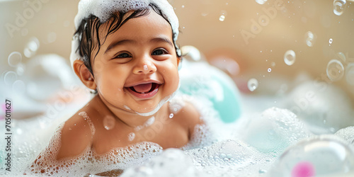 Indian Baby smile and bath in a bubble bath with soapy bubbles. Joyful bathing kid, daily routine, washing baby. photo