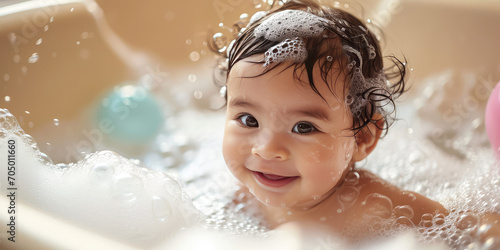 Asian Baby smile and bath in a bubble bath with soapy bubbles. Joyful bathing kid, daily routine, washing baby. photo