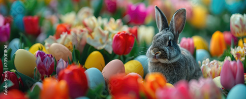 A captivating arrangement of tulips in dazzling, uncommon colors and types, encircled by a variety of charming Easter eggs, with an adorable, fluffy bunny sitting amidst the vibrant floral display #705011806
