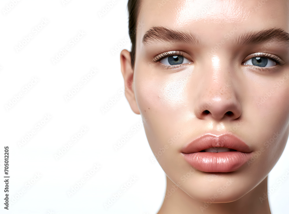 Fashion Concept. Closeup portrait of girl in natural makeup glow look with beautiful skin. illuminated with dynamic composition light. sensual, natural, advertisement, copy text space Fashion Concept. Closeup portrait of girl in natural makeup glow look with beautiful skin. illuminated with dynamic composition light. sensual, natural, advertisement, copy text space