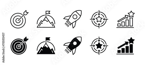Mission icon set. Contains goal, objective, target arrow, success, rocket, achievement, mountain summit, and aim arrow. Vector illustration