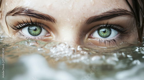 Female green eyes peering out of the clear water. Creative concept of moisturizing eye drops, cosmetics with moisturizing effect, artesian water. photo
