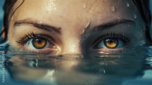 Female brown eyes peering out of the clear water. Creative concept of moisturizing eye drops, cosmetics with moisturizing effect, artesian water. photo
