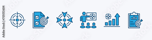 Objective icon set. Containing strategy, analysis, planning, aim target, schedule, tasks, and goal icon symbol. Vector illustration