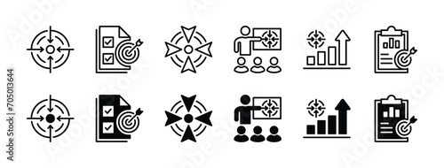 Objective thin line icon set. Containing strategy, analysis, planning, aim target, schedule, tasks, and goal icon symbol. Vector illustration