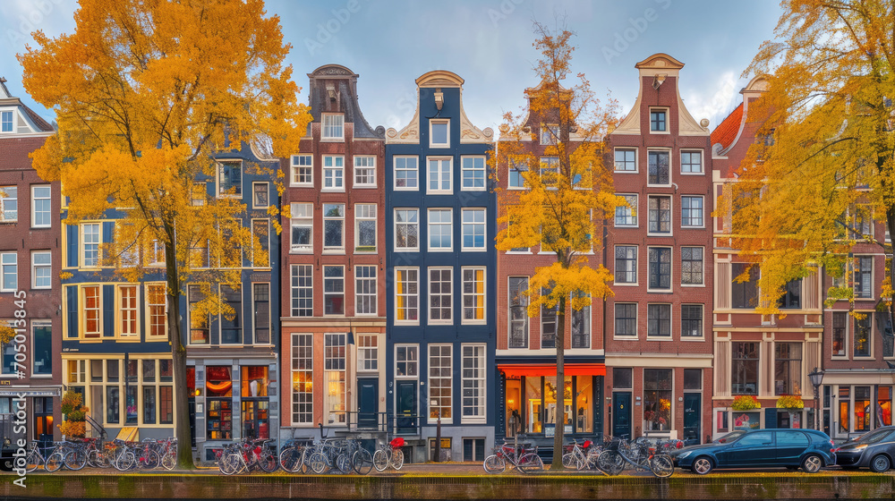 Buildings with street in Amsterdam city
