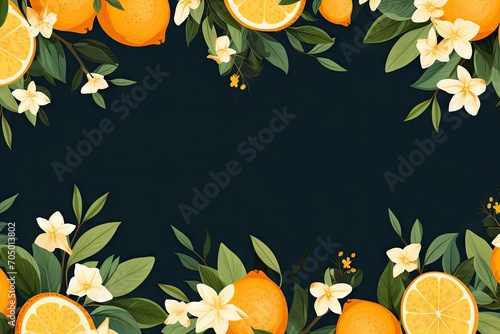 Border with lemon fruits citrus flowers and branches on green background. Floral frame with tropic fruits. Watercolor summer or spring template with copy space. Tropical vintage card, banner, mockup