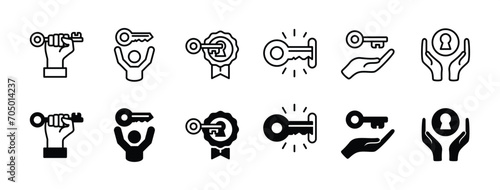 Key to success icon set. Hands holding key. Key to success in business. Vector illustration
