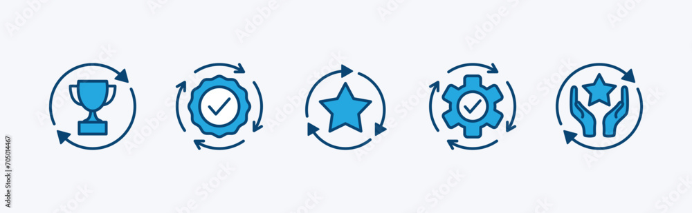Circle arrows rotating with trophy, star, badge medal, and gear settings. Containing business process, refresh, reload, and recycle for achievement. Vector illustration Circle arrows rotating with trophy, star, badge medal, and gear settings. Containing business process, refresh, reload, and recycle for achievement. Vector illustration