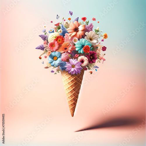 Colorful flowers in ice cream cone levitate in the air against pastel background. Creative flowers design. Spring, summer idea. Valentine's day, suprise, gift.