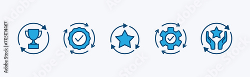 Circle arrows rotating with trophy, star, badge medal, and gear settings. Containing business process, refresh, reload, and recycle for achievement. Vector illustration