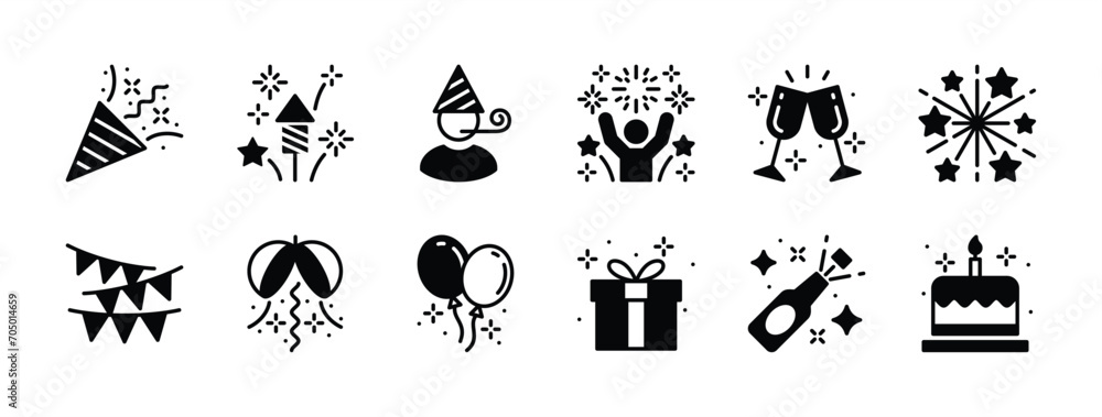 Celebration icon set. Containing confetti, fireworks, star, people, gift box, festive flag, balloon, cheer glass, and beer bottle for happy new year, christmas, party, birthday. Vector illustration